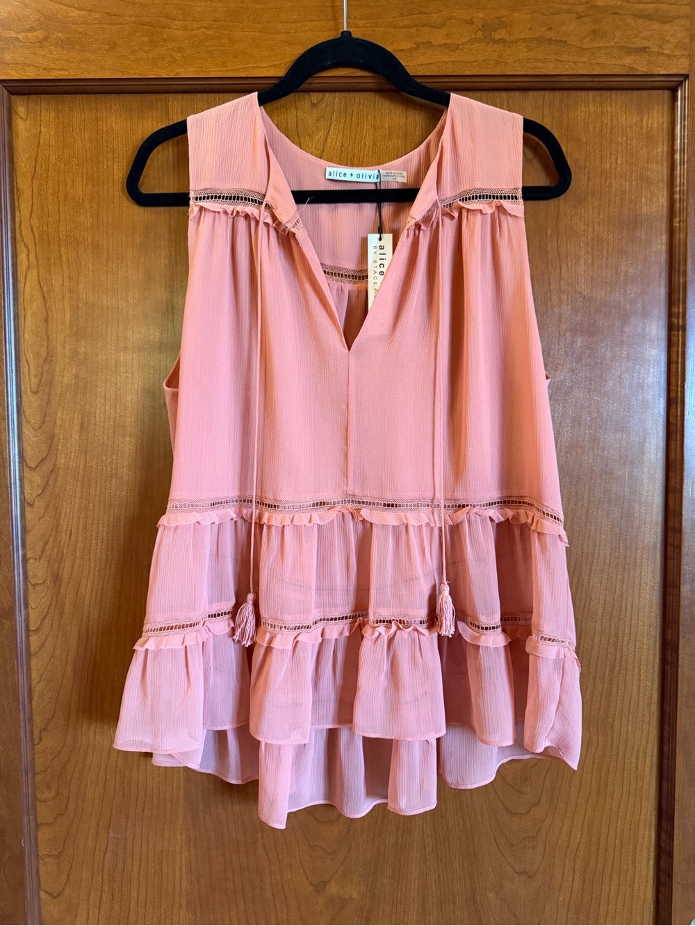 Alice + Olivia Dusty Pink Tiered Tassel V-Neck Sheer Sleeveless Blouse